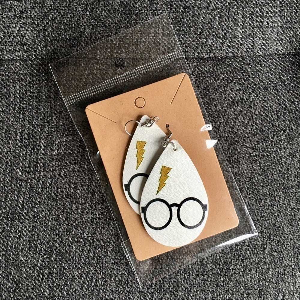 Harry Potter Leather Dangle Earrings, White, Black, Lime Green - Picture 12 of 14